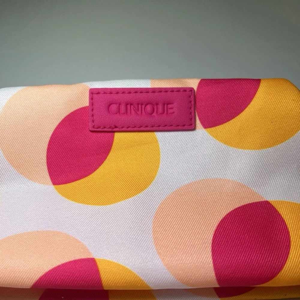 CLINIQUE White Orange Pink Polka Dots Makeup Cosmetic Pouch‎ Case Bag New